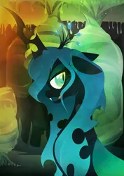 Size: 1358x1920 | Tagged: artist:rariedash, changeling, changeling queen, derpibooru import, fangs, female, floppy ears, horn, lineless, looking at you, open mouth, profile, queen chrysalis, safe, smiling, solo, wallpaper