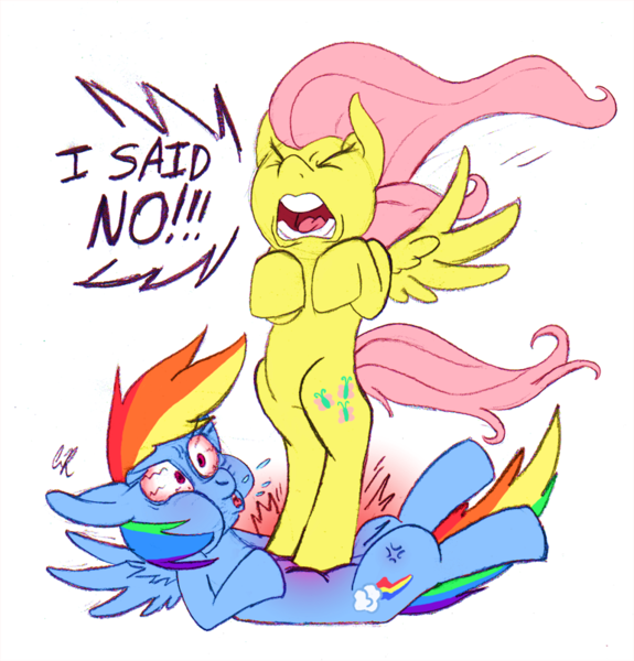 Size: 770x804 | Tagged: safe, artist:slushiowl, derpibooru import, fluttershy, rainbow dash, pony, dragon quest, bipedal, dashabuse, drool, eyes closed, on back, open mouth, scene interpretation, spread wings, stomping, yelling