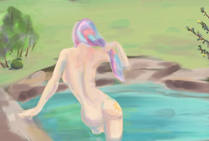 Size: 1024x691 | Tagged: artist:stratusxh, ass, back, bathing, breasts, female, human, humanized, light skin, nudity, pond, princess celestia, questionable, sideboob, solo, solo female, water