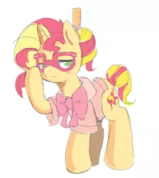 Size: 850x949 | Tagged: safe, artist:ende26, derpibooru import, sunset shimmer, pony, unicorn, adorkable, alternate hairstyle, clothes, cute, dork, glasses, looking at you, ruler, solo