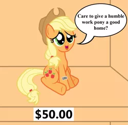 Size: 1177x1148 | Tagged: applejack, artist:vincentthecrow, barcode, bronybait, derpibooru import, for sale, part of a set, ponies for sale, price tag, safe, shut up and take my money, sitting, solo, speech bubble