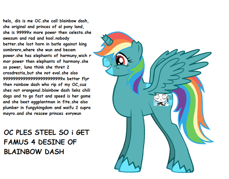 Size: 830x650 | Tagged: alicorn, alicorn oc, broken horn, derpibooru import, donut steel, elephants of harmuny, king sombrero, oc, parody, pony creator, safe, solo, stylistic suck, text, unofficial characters only