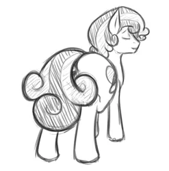 Size: 2329x2361 | Tagged: safe, artist:vulapa, derpibooru import, sweetie belle, pony, unicorn, eyes closed, male, missing horn, monochrome, plot, rule 63, silver bell, simple background, sketch, smiling, solo, stallion, white background