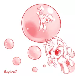 Size: 600x602 | Tagged: safe, artist:ponythroat, derpibooru import, derpy hooves, dinky hooves, pegasus, pony, bubble, bubble wand, female, floating, macro, mare, micro, monochrome