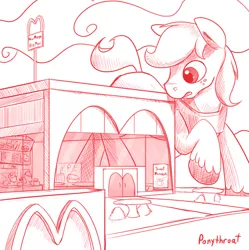 Size: 600x602 | Tagged: safe, artist:ponythroat, derpibooru import, big macintosh, earth pony, pony, macro, male, mcdonald's, monochrome, really big mac, stallion