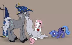 Size: 4000x2500 | Tagged: safe, artist:silfoe, derpibooru import, princess celestia, princess luna, star swirl the bearded, alicorn, pony, unicorn, :p, behaving like a cat, bow, brown background, cewestia, cute, cutelestia, face down ass up, female, filly, foal, frown, glare, grumpy, hat, lunabetes, male, pink-mane celestia, ribbon, s1 luna, silfoe is trying to murder us, simple background, smiling, stallion, standing, star swirl is not amused, tongue out, trio, unamused, wide eyes, wizard hat, woona, younger