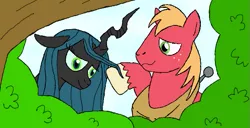 Size: 671x343 | Tagged: safe, artist:ridleywolf, derpibooru import, big macintosh, queen chrysalis, earth pony, pony, bush, chrysamac, crack shipping, male, raised hoof, shipping, smiling, stallion, straight, wavy mouth