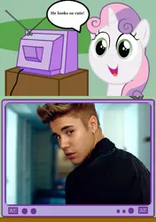 Size: 563x798 | Tagged: derpibooru import, exploitable meme, justin bieber, meme, negaren strikes again, obligatory pony, safe, smiling, sweetie belle, tv meme