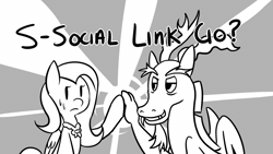 Size: 800x450 | Tagged: safe, artist:silent ponytagonist, derpibooru import, discord, fluttershy, animated, discoshy, element of kindness, eyebrows, female, male, monochrome, parody, persona, shipping, social link, straight