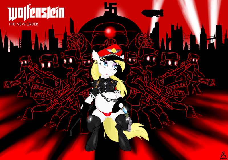 Size: 2138x1500 | Tagged: questionable, semi-grimdark, artist:biohazard, derpibooru import, oc, oc:aryanne, unofficial characters only, pony, robot, airship, belly button, bipedal, boots, breasts, clothes, dome, ear piercing, earring, epaulettes, eyeshadow, female, gas mask, germany, gloves, glowing eyes, gun, hat, iron cross, jewelry, makeup, mascara, midriff, military uniform, minigun, nazi, nazi uniform, nudity, panties, peaked cap, piercing, pregnant, red sky, riding crop, rifle, rolled up sleeves, searchlight, shoes, swastika, thigh boots, thong, underass, underwear, uniform, video game, weapon, wolfenstein, wolfenstein the new order, zeppelin