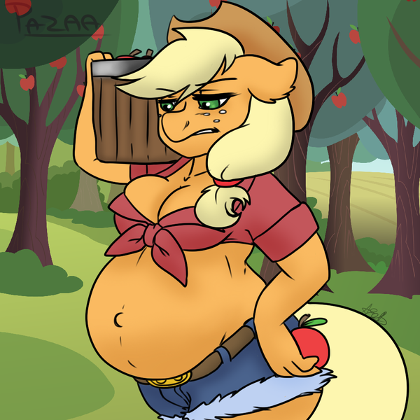 Size: 1000x1000 | Tagged: annoyed, anthro, apple, applejack, artist:arnachy, artist:muh-arts, barrel, belly, belly button, big belly, blushing, breasts, carrying, clothes, colored, cowboy hat, daisy dukes, derpibooru import, female, floppy ears, front knot midriff, frown, gritted teeth, hat, midriff, preggo jack, pregnant, questionable, shorts, solo, solo female, stetson, tired