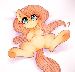 Size: 2435x2332 | Tagged: safe, artist:crocelif, derpibooru import, fluttershy, belly, blushing, cute, featureless crotch, fluffy, looking at you, on back, shyabetes, smiling, solo, spread legs, underhoof