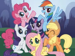 Size: 813x606 | Tagged: safe, derpibooru import, official, applejack, fluttershy, pinkie pie, rainbow dash, rarity, twilight sparkle, earth pony, pegasus, pony, unicorn, female, mane six, mane six opening poses, mare, one eye closed, open mouth, prone, raised hoof, spread wings, stock vector, wings, wink