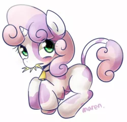 Size: 1000x961 | Tagged: artist:maren, bell, bell collar, collar, cow, cowbelle, cowified, derpibooru import, eating, hay, mouth hold, safe, smiling, solo, species swap, sweetie belle