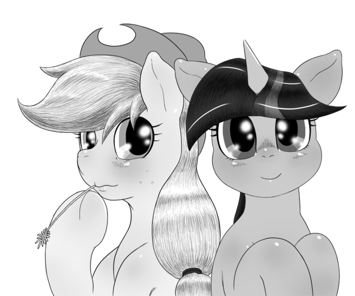 Size: 800x667 | Tagged: applejack, artist:goto-beido, derpibooru import, monochrome, safe, twilight sparkle