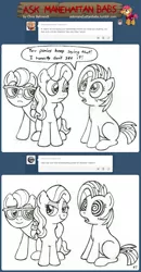 Size: 1024x1964 | Tagged: artist:wildtiel, ask, ask manehattan babs, babs seed, derpibooru import, glasses, hypnosis, hypnotized, monochrome, oc, safe, tumblr