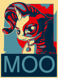 Size: 520x702 | Tagged: artist:neko-me, bell, cow, cowbell, cute, derpibooru import, edit, hope poster, lidded eyes, looking at you, moo, raricow, rarity, safe, smiling, solo, species swap