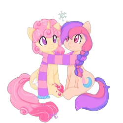 Size: 1800x1800 | Tagged: safe, artist:ashourii, derpibooru import, oc, oc:cuppy cake, oc:surf tide, unofficial characters only, alicorn, earth pony, pony, alicorn oc, clothes, scarf, shared clothing, shared scarf, simple background, transparent background