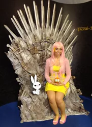 Size: 1024x1416 | Tagged: angel bunny, artist:verygood91, clothes, cosplay, derpibooru import, fluttershy, game of thrones, human, irl, irl human, iron throne, parasprite, photo, safe, sitting, sweater, sweatershy