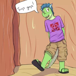 Size: 1280x1280 | Tagged: anthro, anthro oc, artist:fuzebox, clothes, derpibooru import, dragon, oc, oc:snort, plantigrade anthro, safe, sandals, shirt, shorts, solo, speech bubble, teenaged dragon, t-shirt, unofficial characters only