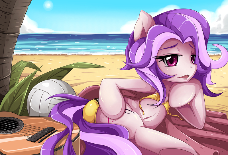 Size: 1300x885 | Tagged: suggestive, artist:jinzhan, derpibooru import, oc, oc:emi, unofficial characters only, earth pony, pony, beach, beach ball, bikini, clothes, commission, female, guitar, mare, solo, solo female, swimsuit, volleyball