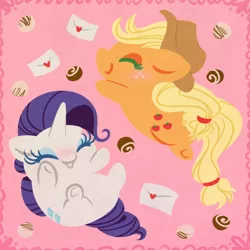 Size: 600x600 | Tagged: safe, artist:anzicorn, derpibooru import, applejack, rarity, earth pony, pony, unicorn, abstract background, chibi, cowboy hat, cute, duo, eyes closed, female, hat, jackabetes, lesbian, letter, love letter, mail, mare, pastries, raribetes, rarijack, shipping