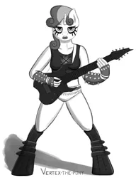 Size: 1921x2500 | Tagged: anthro, artist:vertex-the-pony, boots, breasts, bullet belt, female, guitar, metal belle, monochrome, safe, simple background, solo, sweetie belle, white background