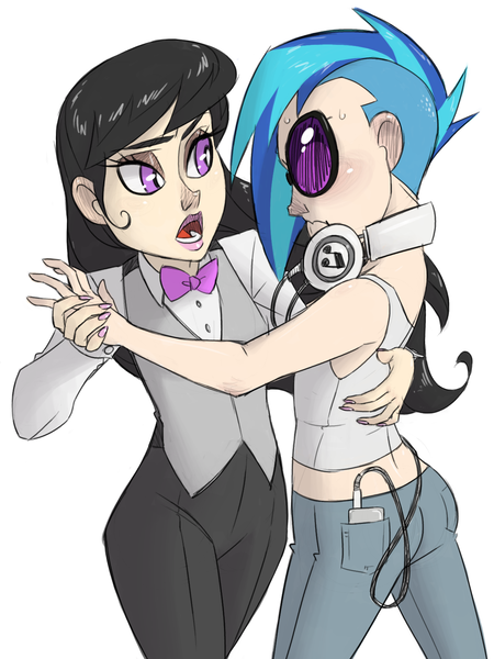 Size: 1200x1600 | Tagged: artist:thelivingmachine02, bowtie, clothes, dancing, derpibooru import, glasses, headphones, human, humanized, jeans, light skin, looking at each other, mp3 player, nail polish, octavia melody, open mouth, pants, safe, simple background, sweat, undercut, vest, vinyl scratch, white background