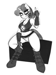 Size: 970x1307 | Tagged: suggestive, artist:lil miss jay, derpibooru import, sweetie belle, anthro, unguligrade anthro, unicorn, belly button, breasts, bullet belt, busty sweetie belle, clothes, female, mare, metal belle, middle finger, midriff, monochrome, panties, solo, solo female, underwear