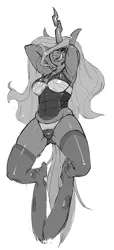 Size: 449x981 | Tagged: suggestive, artist:kevinsano, derpibooru import, queen chrysalis, anthro, changeling, changeling queen, unguligrade anthro, arm behind head, armpits, bra, breasts, clothes, female, grayscale, licking lips, lingerie, mare, monochrome, on back, panties, pose, seductive look, seductive pose, simple background, solo, solo female, stockings, stupid sexy chrysalis, tongue out, underwear