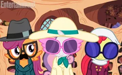 Size: 612x380 | Tagged: apple bloom, clothes, costume, cutie mark crusaders, derpibooru import, disguise, hat, moustache, parody, safe, scootaloo, screencap, sunglasses, sweetie belle, twilight time