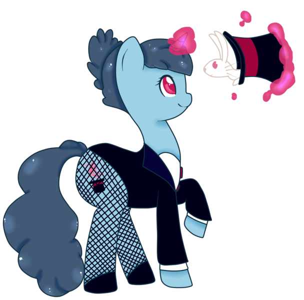 Size: 1494x1475 | Tagged: safe, artist:ashourii, derpibooru import, oc, unofficial characters only, pony, rabbit, unicorn, bunny out of the hat, clothes, fishnets, glowing horn, hat, magic, magic trick, magician, raised hoof, simple background, telekinesis, top hat, transparent background