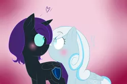 Size: 1338x895 | Tagged: safe, artist:pockygirl09, derpibooru import, oc, oc:nyx, oc:snowdrop, unofficial characters only, alicorn, pony, alicorn oc, blushing, boop, exclamation point, eye contact, female, heart, looking at each other, looking back, nose wrinkle, noseboop, oc x oc, shipping, smiling, snownyx, wide eyes