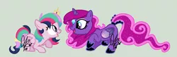 Size: 1329x429 | Tagged: dead source, safe, artist:sakurablitz, derpibooru import, oc, unofficial characters only, alicorn, pegasus, pony, adoptable, adopted, alicorn oc, base used, blank flank, cousins, magical lesbian spawn, offspring, parent:princess cadance, parent:princess celestia, parent:princess luna, parent:twilight sparkle, parents:lundance, parents:twilestia, simple background