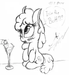 Size: 509x553 | Tagged: suggestive, artist:magical disaster, derpibooru import, berry punch, berryshine, earth pony, pony, alcohol, blushing, cute, implied anal, implied sex, monochrome, sitting, solo, wine, wine glass