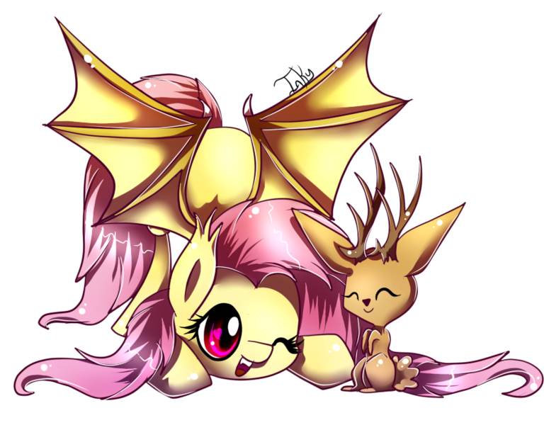 Size: 900x697 | Tagged: safe, artist:inky-pinkie, derpibooru import, fluttershy, bat pony, jackalope, pony, cute, eyes closed, female, flutterbat, heart eyes, one eye closed, open mouth, race swap, shyabates, shyabetes, simple background, smiling, spread wings, transparent background, wingding eyes, wings