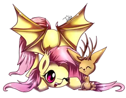 Size: 900x697 | Tagged: safe, artist:inky-pinkie, derpibooru import, fluttershy, bat pony, jackalope, pony, cute, eyes closed, female, flutterbat, heart eyes, one eye closed, open mouth, race swap, shyabates, shyabetes, simple background, smiling, spread wings, transparent background, wingding eyes, wings