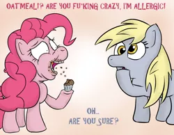 Size: 1377x1066 | Tagged: safe, artist:assuming-control, derpibooru import, derpy hooves, pinkie pie, pegasus, pony, allergic, allergies, female, mare, muffin, oatmeal, vulgar