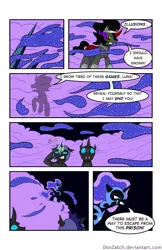 Size: 792x1224 | Tagged: safe, artist:donzatch, derpibooru import, king sombra, nightmare moon, alicorn, changeling, pony, comic:tale of twilight, blood, comic, illusion, magic, rainbow blood