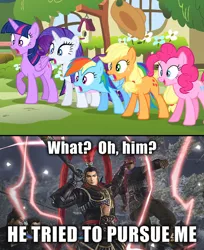 Size: 500x613 | Tagged: safe, derpibooru import, edit, screencap, applejack, pinkie pie, rainbow dash, rarity, twilight sparkle, twilight sparkle (alicorn), alicorn, pony, filli vanilli, do not pursue lu bu, dynasty warriors, female, koei, lu bu, mare