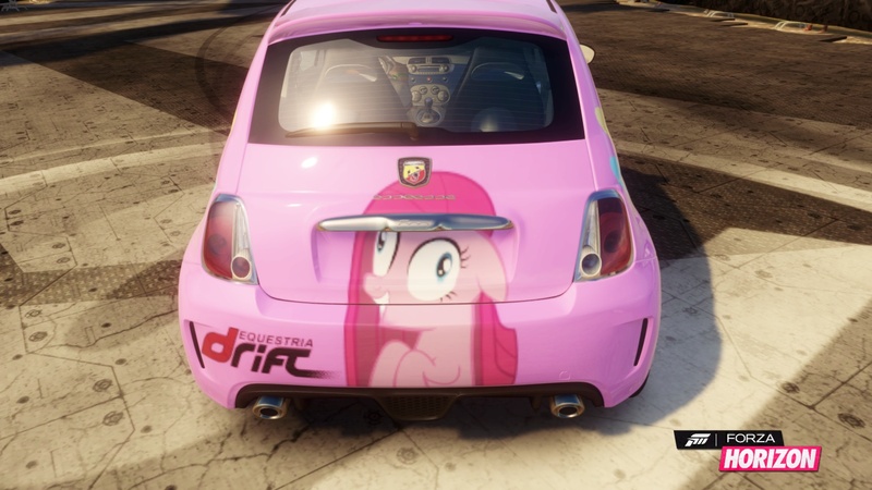 Size: 1280x720 | Tagged: safe, derpibooru import, pinkie pie, pony, abarth, abarth 500, car, fiat, fiat 500, forza horizon, itasha