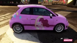 Size: 1280x720 | Tagged: safe, derpibooru import, pinkie pie, pony, abarth, abarth 500, car, fiat, fiat 500, forza horizon, itasha, portal