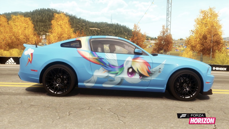 Size: 1280x720 | Tagged: safe, derpibooru import, rainbow dash, pony, car, cutie mark, ford, ford mustang, forza horizon, itasha, shelby, shelby gt500 mustang