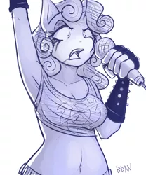 Size: 1000x1200 | Tagged: anthro, armpits, artist:drbdnv, belly button, breasts, bullet belt, busty sweetie belle, derpibooru import, female, metal belle, monochrome, older, questionable source, solo, suggestive, sweetie belle