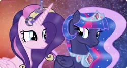 Size: 1024x550 | Tagged: safe, artist:nightmarelunafan, derpibooru import, oc, oc:princess love flame, oc:princess sparkling night, unofficial characters only, ethereal mane, heart eyes, magical lesbian spawn, offspring, parent:princess cadance, parent:princess luna, parents:twidance, parents:twiluna, parent:twilight sparkle, wingding eyes