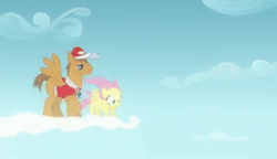 Size: 1000x575 | Tagged: safe, derpibooru import, screencap, fluttershy, rivet, pony, hurricane fluttershy, animated, cloud, cloudsdale, cloudy, coach, duo, female, filly, filly fluttershy, flashback, flight camp, flutterbuse, gif, hat, kick, male, spin, stallion, whistle, younger