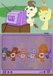 Size: 564x800 | Tagged: safe, derpibooru import, pound cake, pumpkin cake, care bears, exploitable meme, meme, obligatory pony, tv meme, youtube link