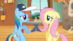 Size: 1366x768 | Tagged: baseball cap, cap, derpibooru import, duo, floppy ears, fluttershy, fluttershy's cottage, hat, hurricane fluttershy, looking at each other, rainbow dash, sad face, safe, screencap, whistle, whistle necklace