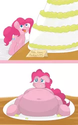 Size: 2500x4000 | Tagged: artist:graphenescloset, belly, belly button, big belly, cake, derpibooru import, fat, frosting, obese, piggy pie, pinkie pie, pudgy pie, safe, stuffed