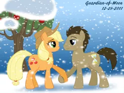 Size: 900x682 | Tagged: applejack, applewhooves, artist:guardian-of-moon, derpibooru import, doctor whooves, female, male, safe, shipping, snow, snowfall, straight, time turner, tree